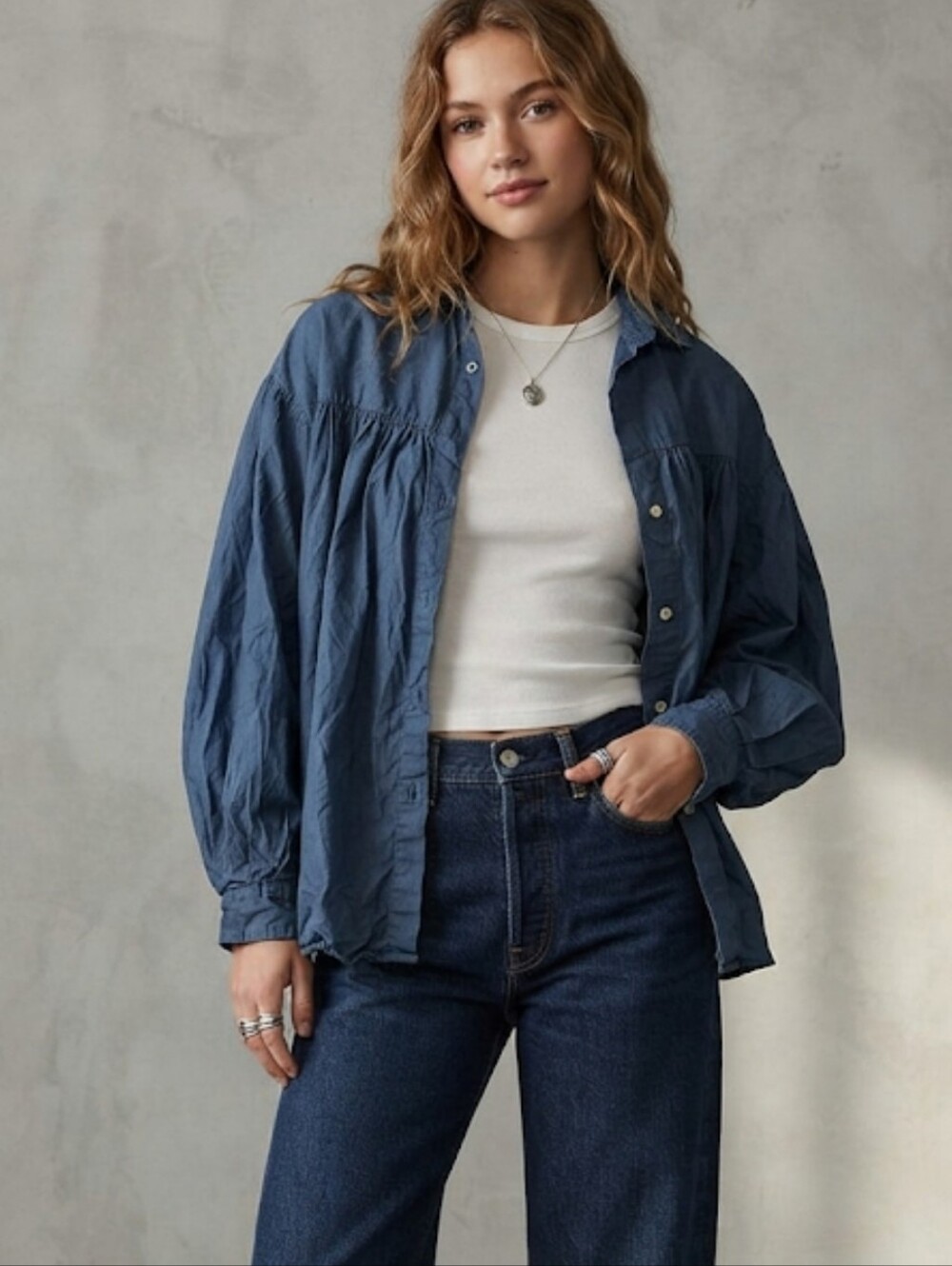 Blue Button Down Top Gathered Details Size Meduim